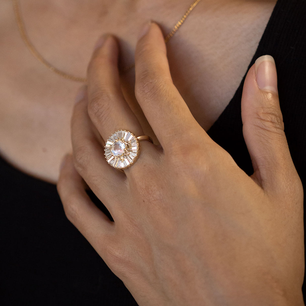 Renaissance Ruffle ring with Diamonds and Rainbow Moonstone in 9 carat Gold