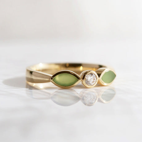 Pounamu and Diamond Blossom ring in Yellow Gold and Platinum