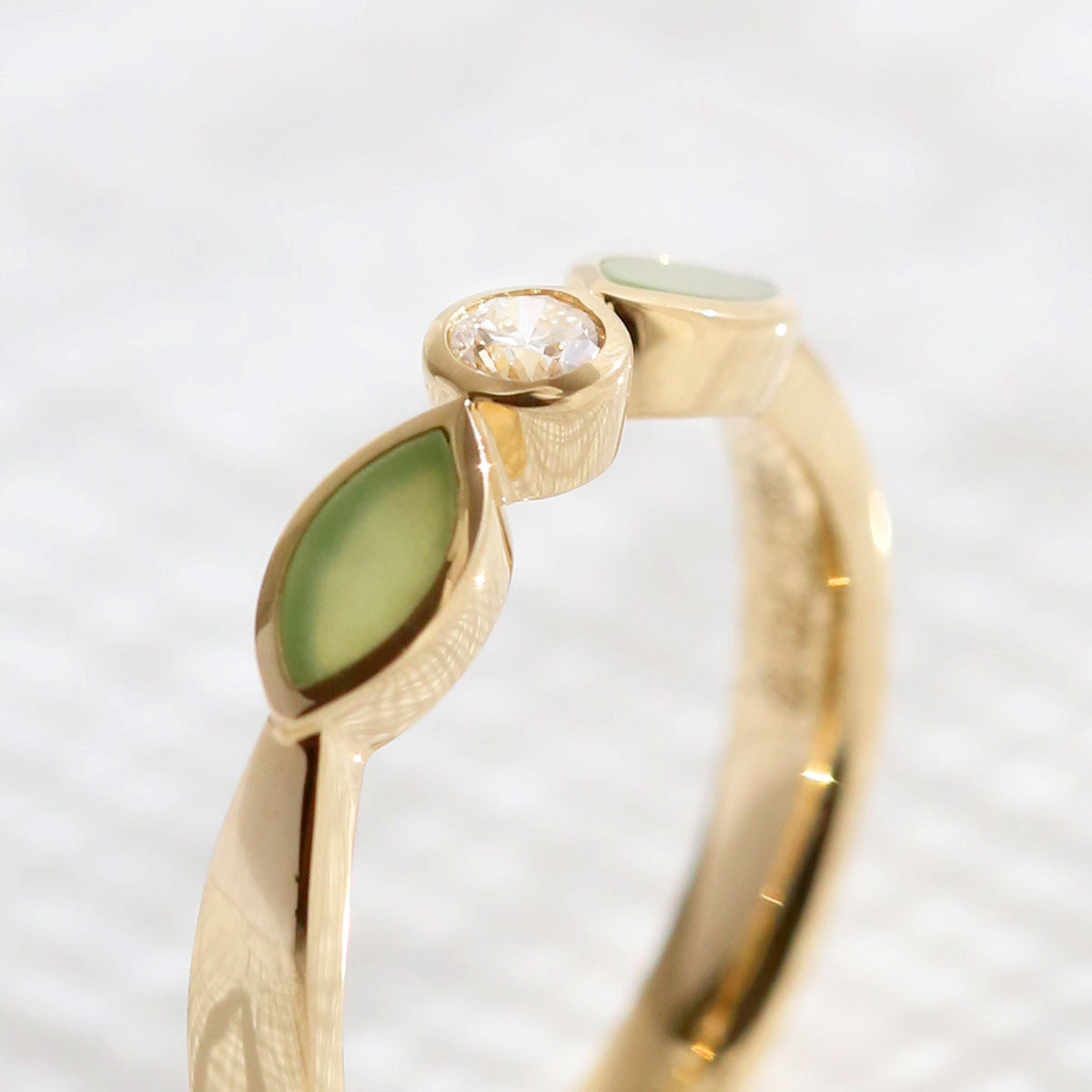 Pounamu and Diamond Blossom ring in Yellow Gold and Platinum