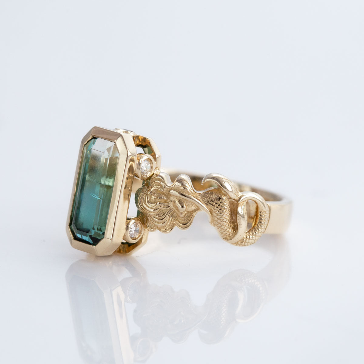 Blue Fade Tourmaline Twin Mermaid ring in 9 carat Gold