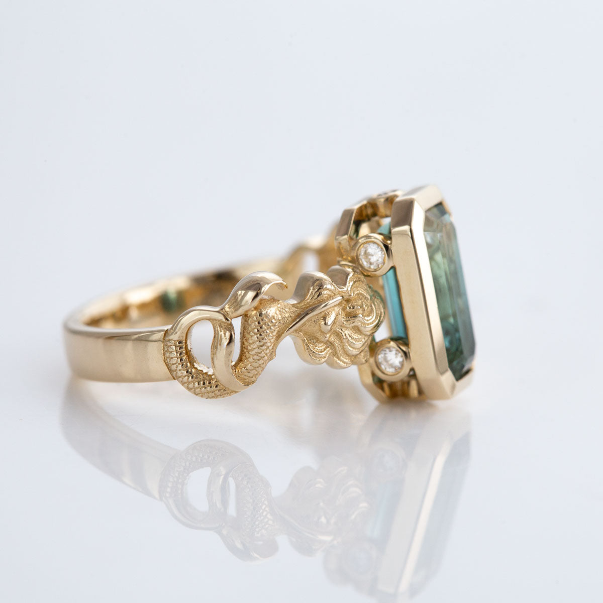 Blue Fade Tourmaline Twin Mermaid ring in 9 carat Gold