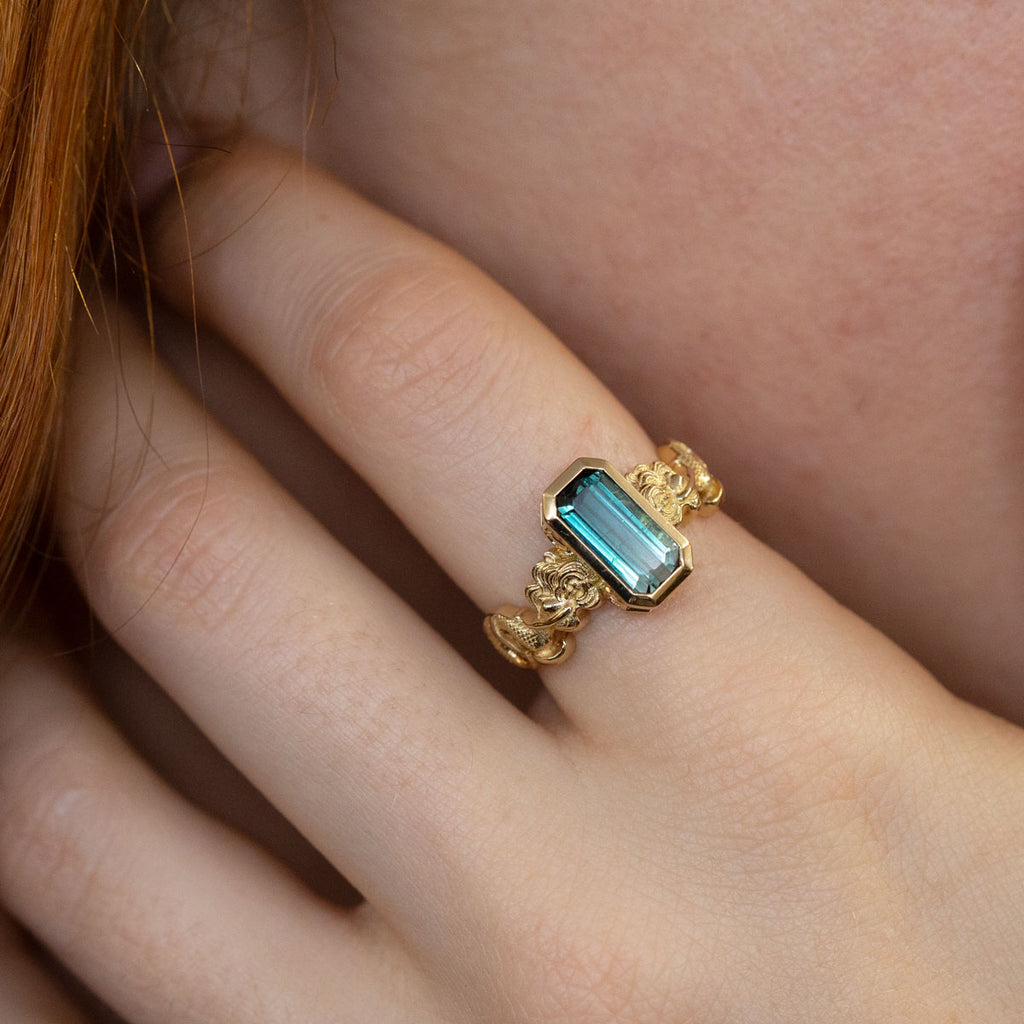 Blue Fade Tourmaline Twin Mermaid ring in 9 carat Gold