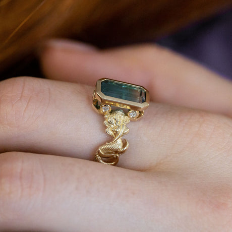 Blue Fade Tourmaline Twin Mermaid ring in 9 carat Gold