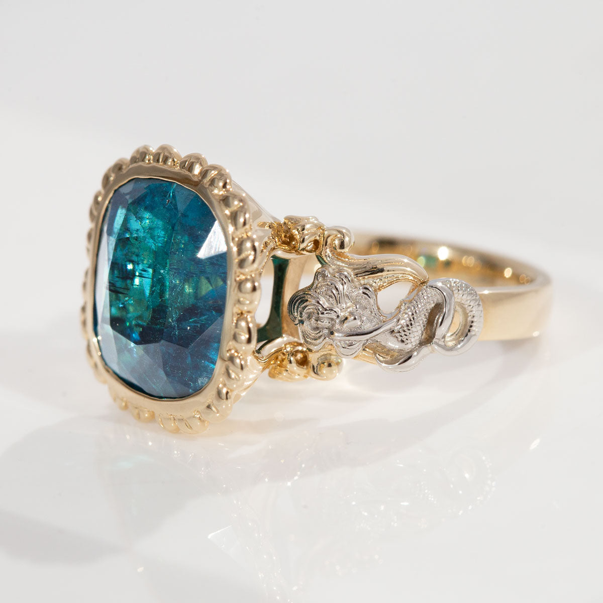 10.46 carat Deep Blue Tourmaline Mermaid Princess ring in Platinum and 9 carat Gold