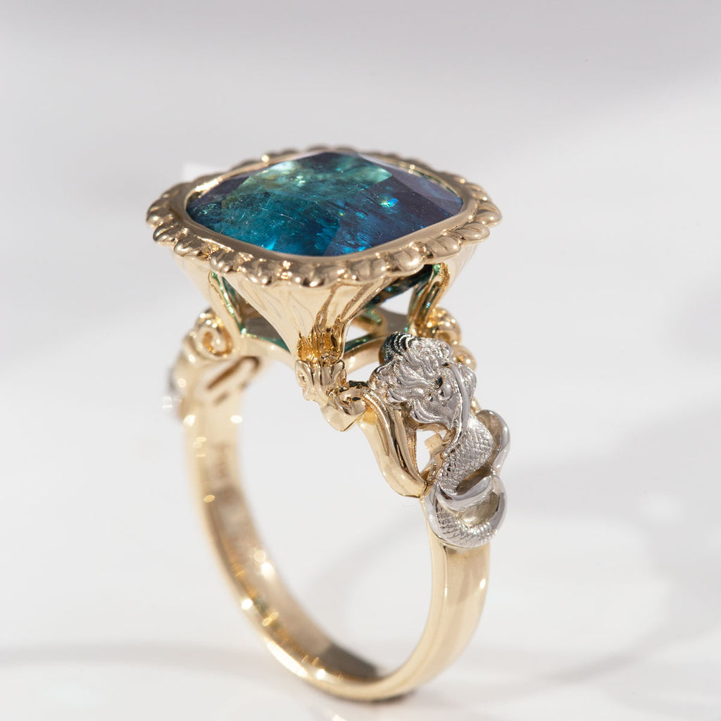 10.46 carat Deep Blue Tourmaline Mermaid Princess ring in Platinum and 9 carat Gold