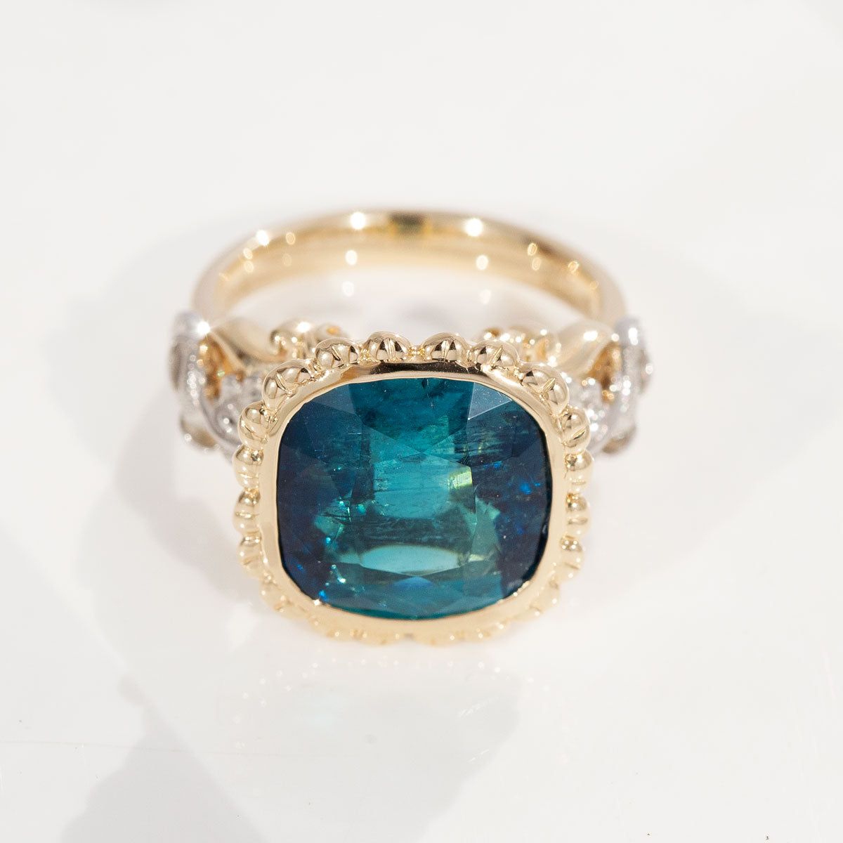 10.46 carat Deep Blue Tourmaline Mermaid Princess ring in Platinum and 9 carat Gold