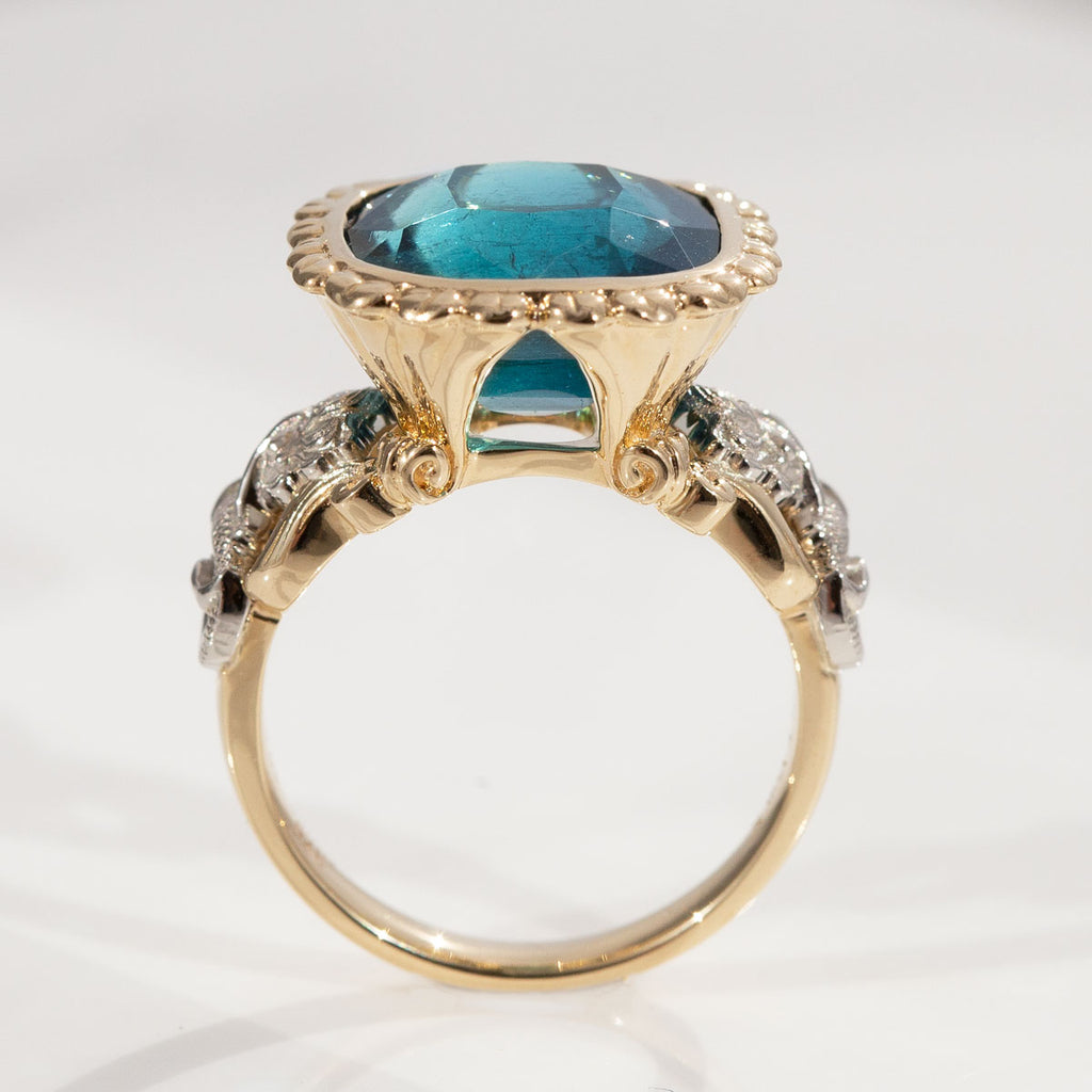10.46 carat Deep Blue Tourmaline Mermaid Princess ring in Platinum and 9 carat Gold