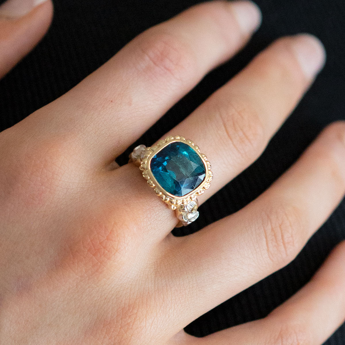 10.46 carat Deep Blue Tourmaline Mermaid Princess ring in Platinum and 9 carat Gold