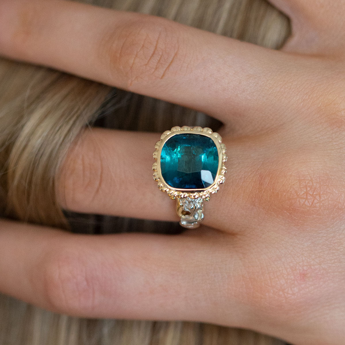 10.46 carat Deep Blue Tourmaline Mermaid Princess ring in Platinum and 9 carat Gold