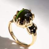 Witch's Cat ring with 5.95 carat Green Cat's Eye Tourmaline in 9 carat Gold