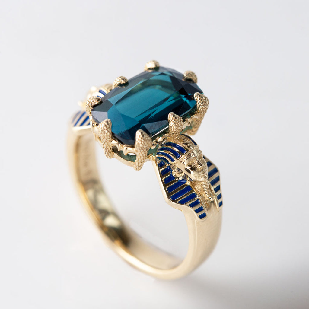 3.91 carat Blue Tourmaline Tutankhamen ring in 9 carat Gold