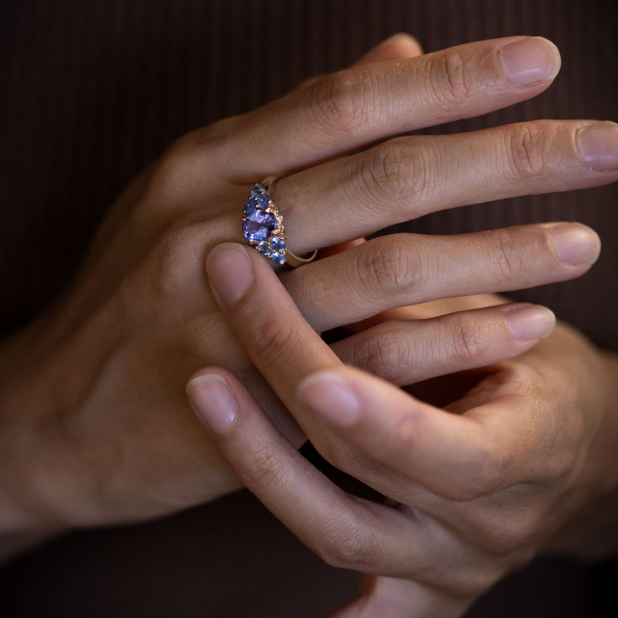 Bluebell Bouquet ring with Tanzanite and Sapphire in 14ct Yellow Gold