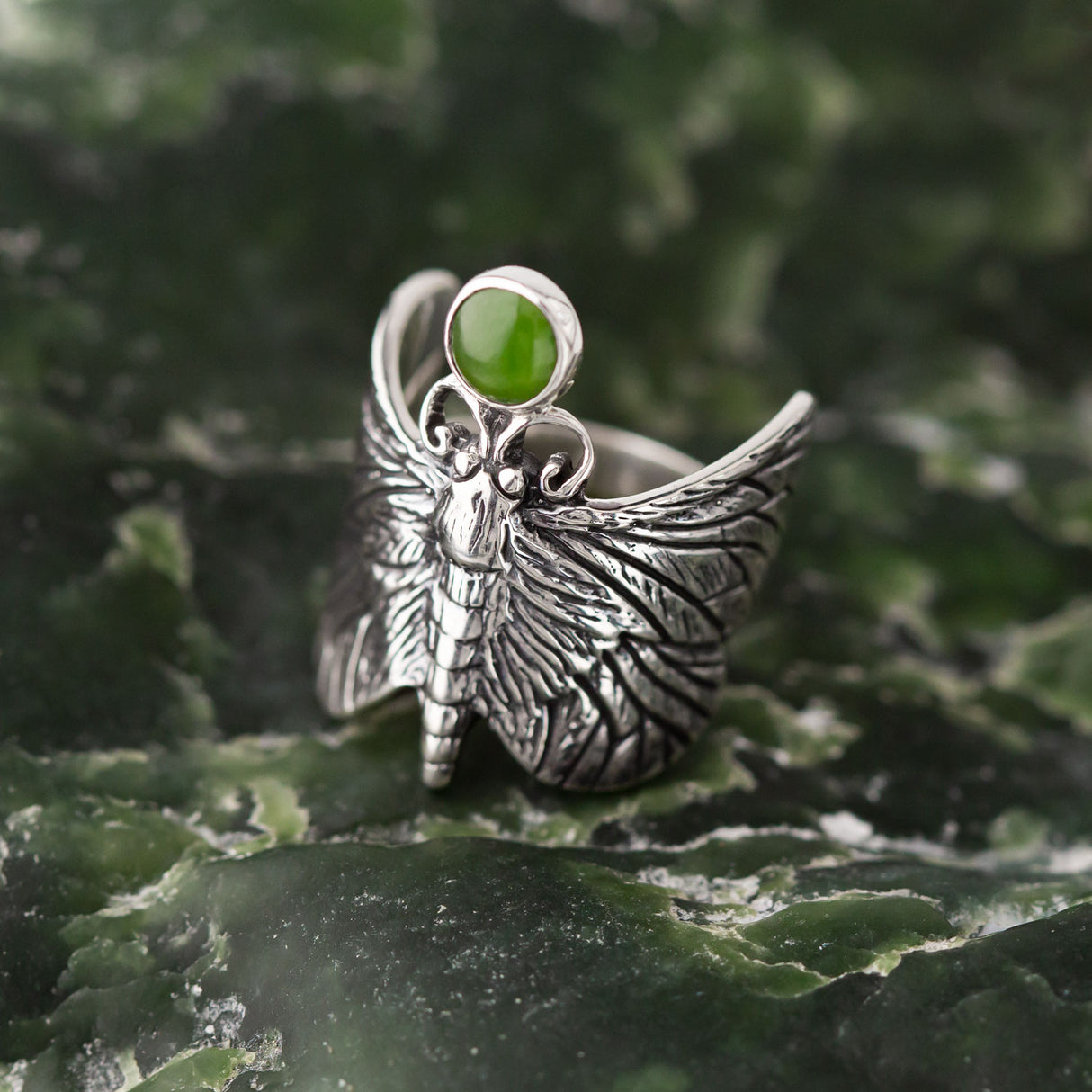 Puriri Moth ring with Pounamu in Sterling Silver