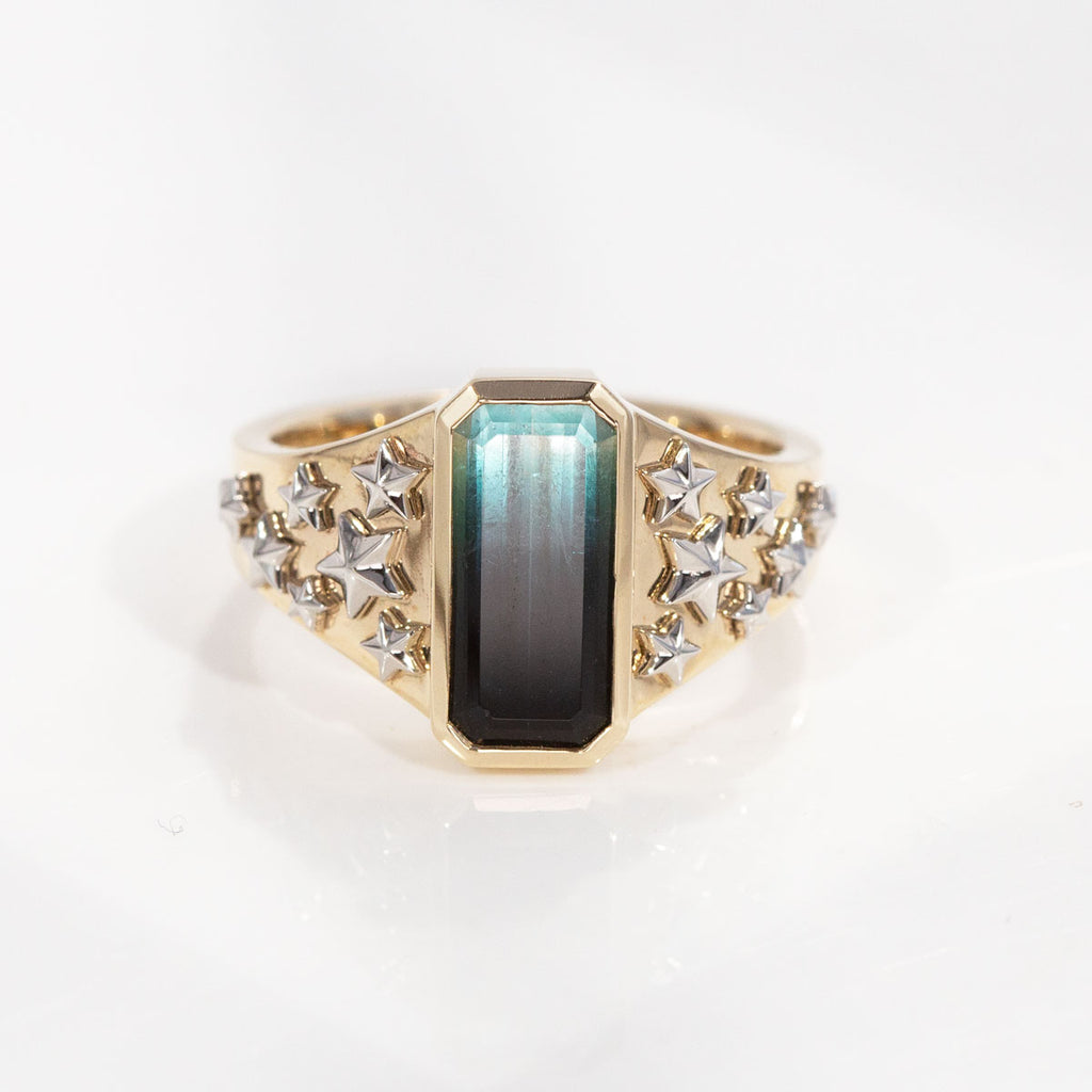 Fade to Black Tourmaline Starry Starry Night ring in 9 carat Gold and Platinum