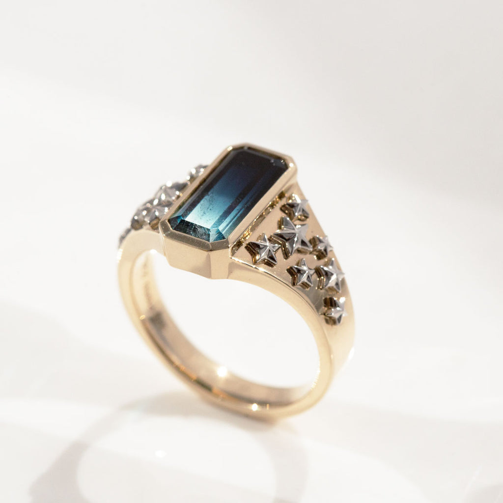 Fade to Black Tourmaline Starry Starry Night ring in 9 carat Gold and Platinum