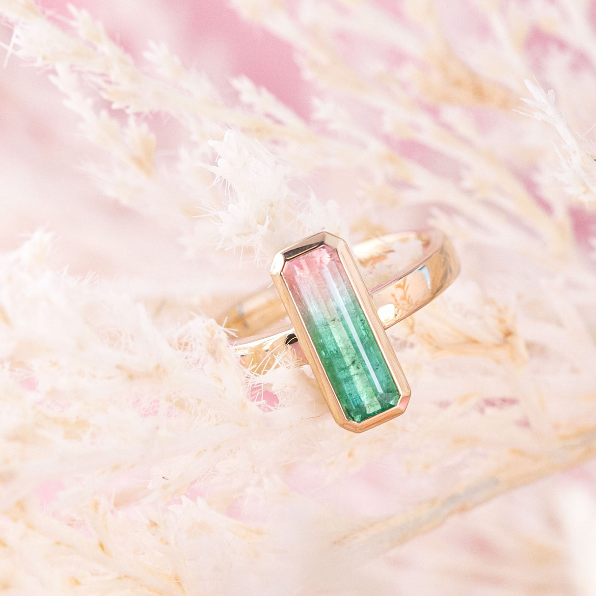 Watermelon Tourmaline Capsule ring in 9 carat Gold