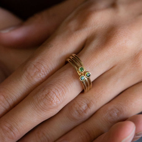 Fern Green 3 Muses ring with Tourmalines set in 9 carat Yellow Gold