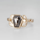 Nick Von K 9 Karat Yellow Gold Ring with Coffin Shaped Salt and Pepper Diamond bezel set and accented by Marquise shaped lab diamonds and twisted vines side angle
