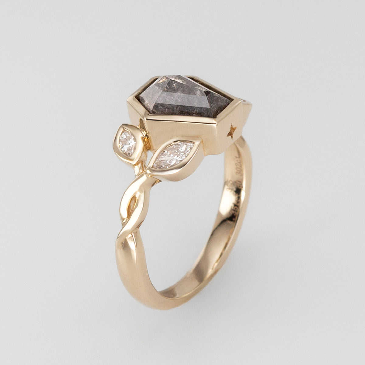 Nick Von K 9 Karat Yellow Gold Ring with Coffin Shaped Salt and Pepper Diamond bezel set with star cut out and accented by Marquise shaped lab diamonds and twisted vines side angle