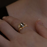 Nick Von K 9 Karat Yellow Gold Ring with Coffin Shaped Salt and Pepper Diamond bezel set with moon cut out and accented by Marquise shaped lab diamonds and twisted vines model shot 