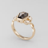 Nick Von K 9 Karat Yellow Gold Ring with Coffin Shaped Salt and Pepper Diamond bezel set with star cut out and accented by Marquise shaped lab diamonds and twisted vines side angle