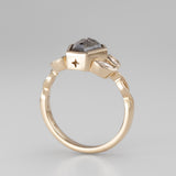 Nick Von K 9 Karat Yellow Gold Ring with Coffin Shaped Salt and Pepper Diamond bezel set with star cut out and accented by Marquise shaped lab diamonds and twisted vines side angle