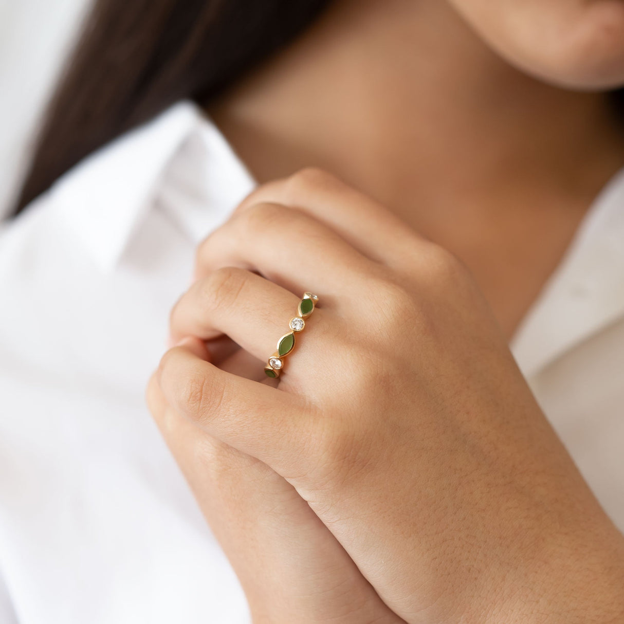 Pounamu and Diamond Blossom Eternity ring in Yellow Gold or Platinum