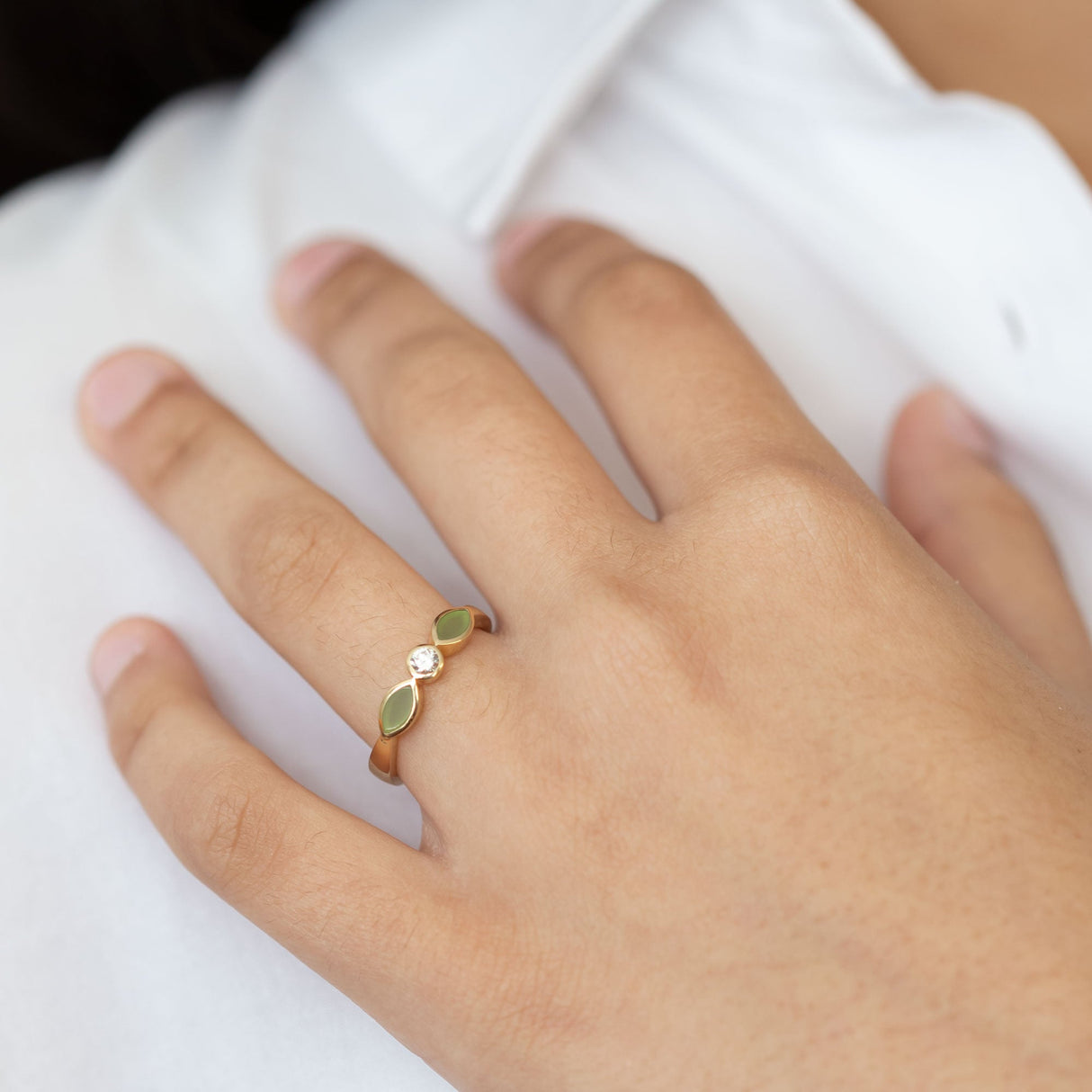 Pounamu and Diamond Blossom ring in Yellow Gold and Platinum