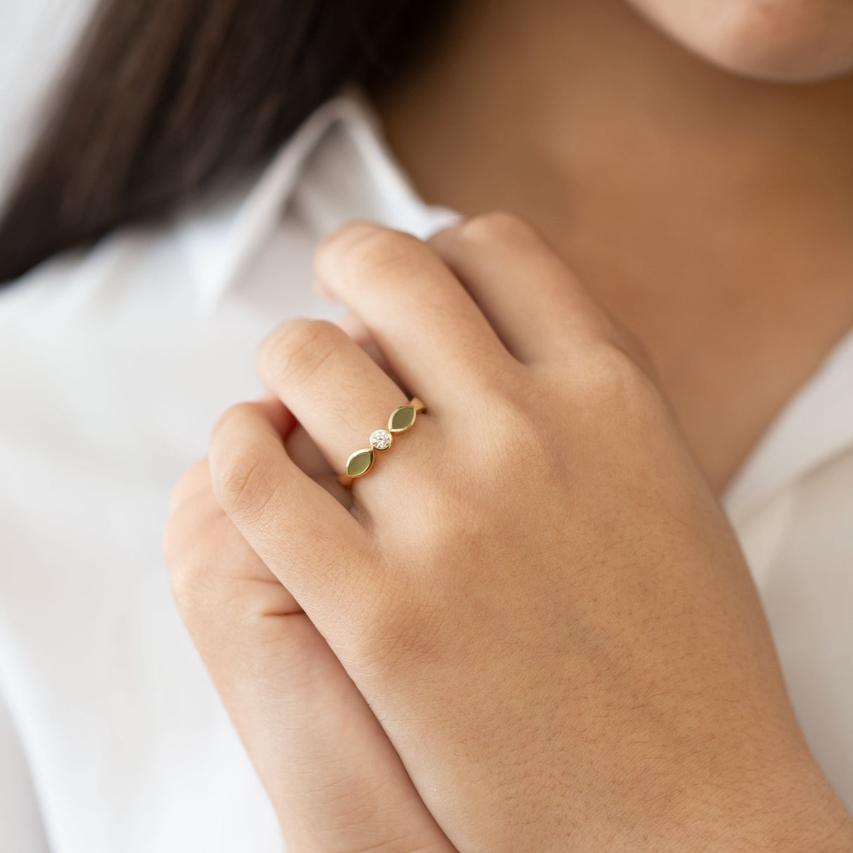 Pounamu and Diamond Blossom ring in Yellow Gold and Platinum