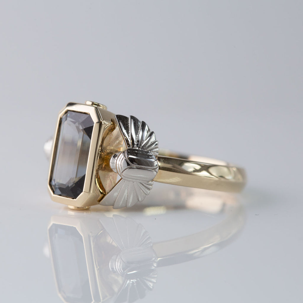 1.92 carat Twilight Grey Spinel Twin Scarab ring with Black Diamonds in Platinum and 9 carat Gold