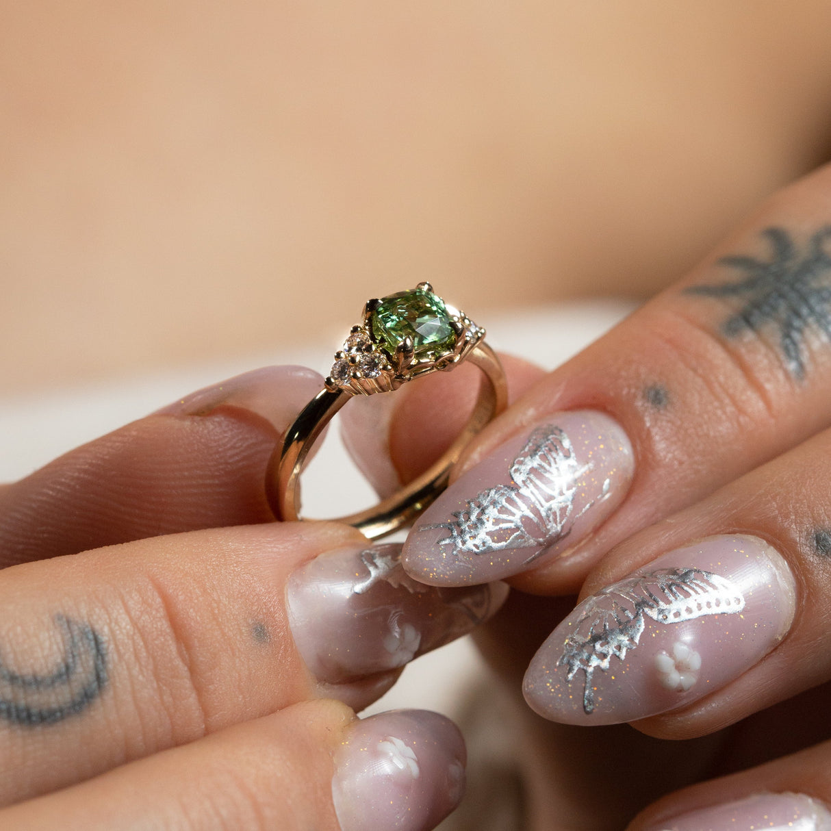 Frosted Dahlia Ring with Tourmaline & Diamonds