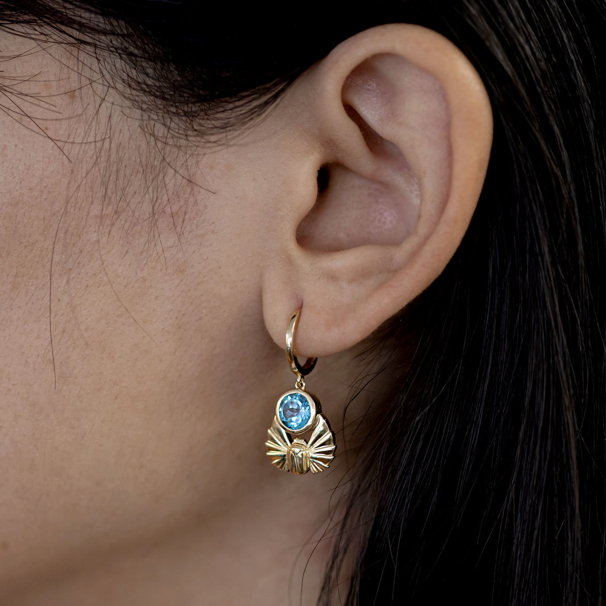 Swiss Blue Topaz Scarab Earrings in 9 carat Gold