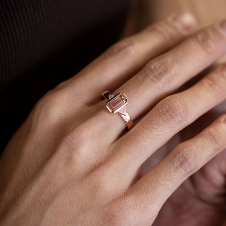 Pink Fade Tourmaline Twin Trillion ring in 9 carat Pink Gold