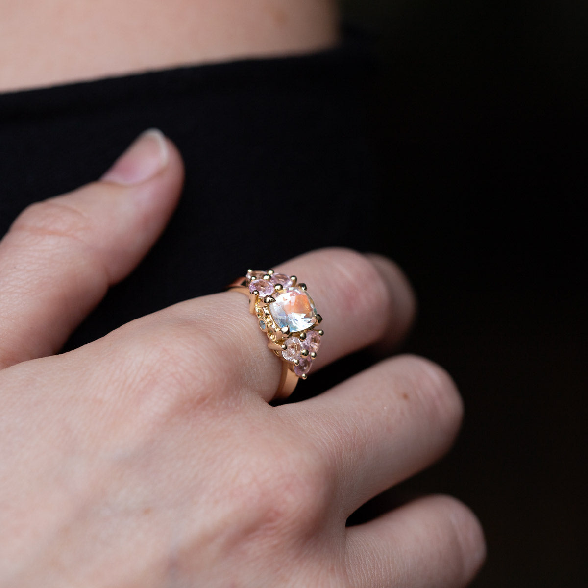 Rainbow Moonstone & Sapphire Bloom Ring