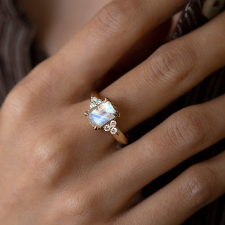 Moonlight Lake Ring in Rainbow Moonstone and Diamonds