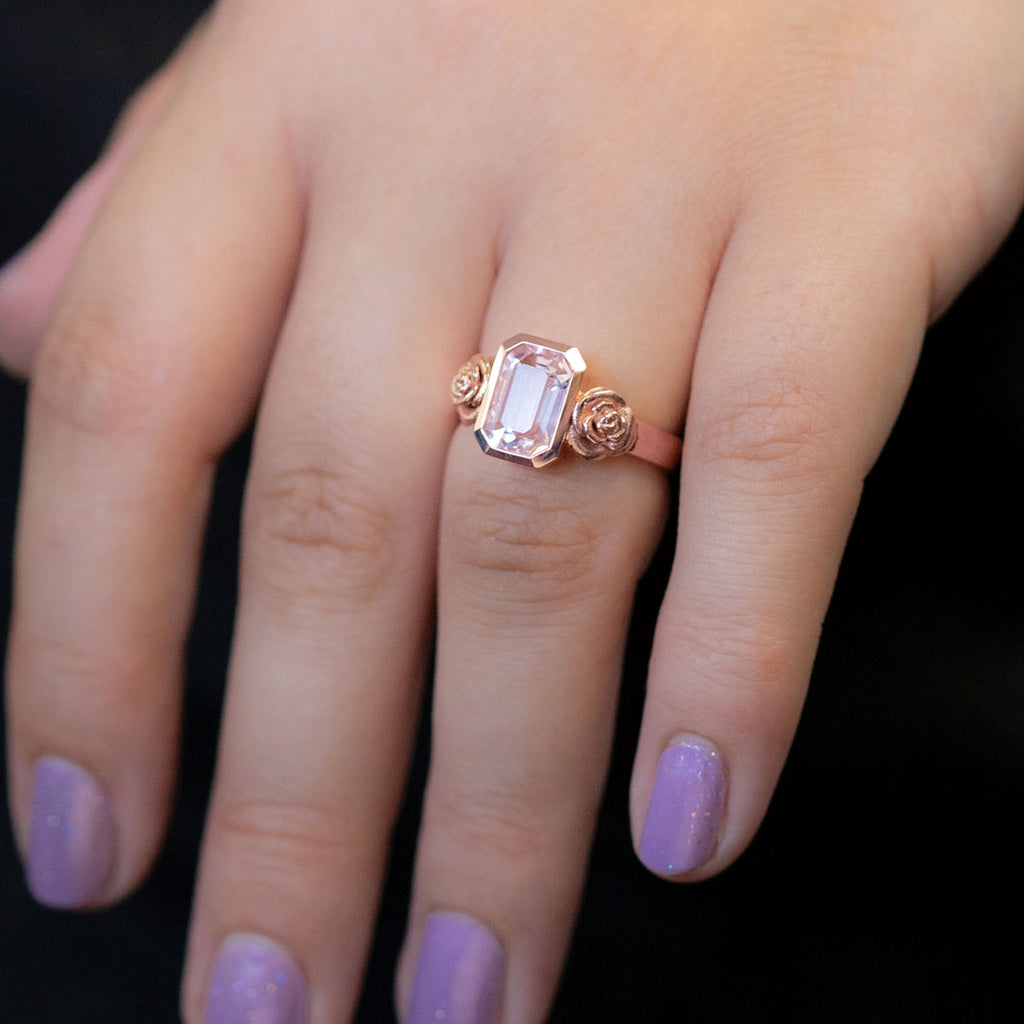Emerald cut Morganite Rose Princess ring in 9 carat Rose Gold