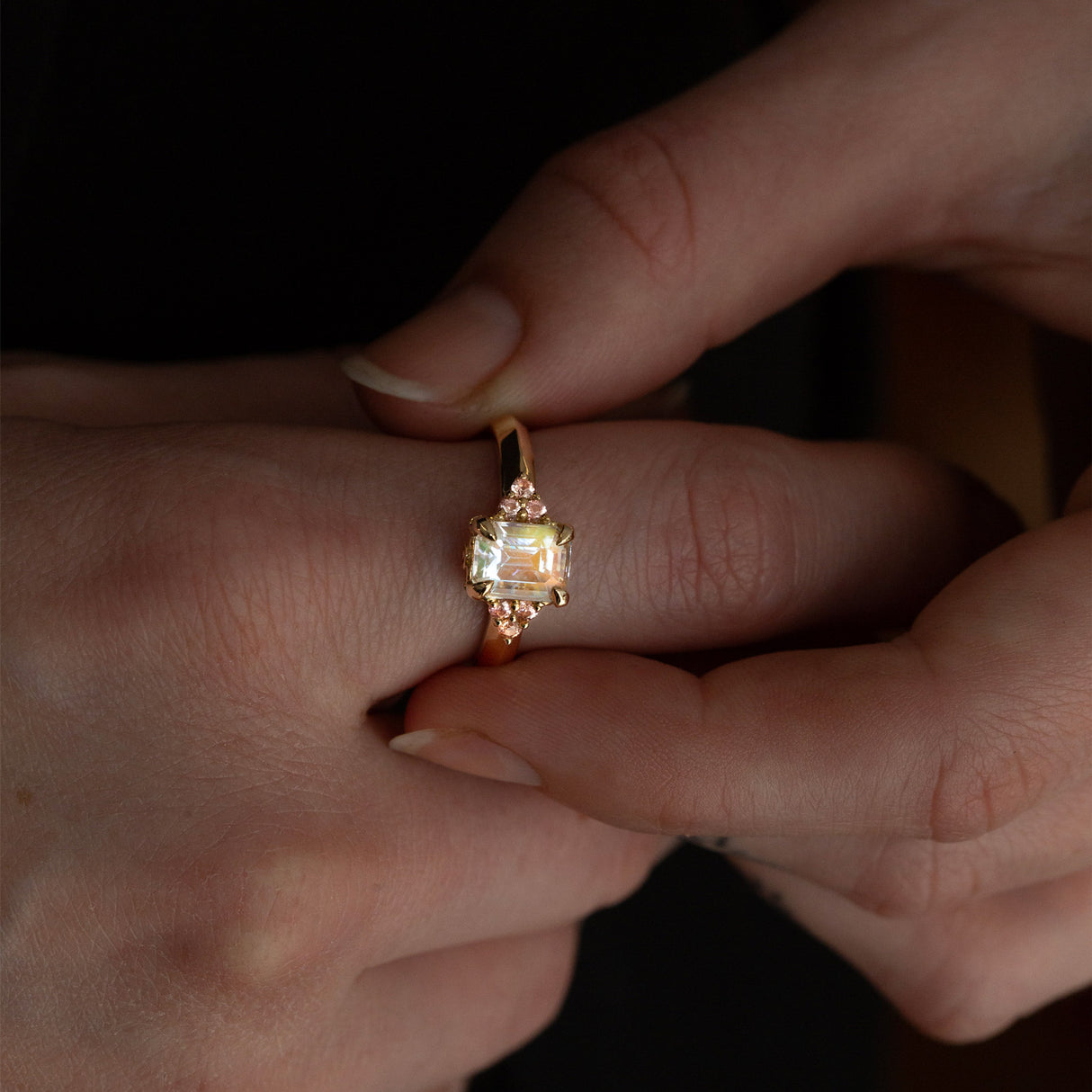 Peach Blossom Moonstone & Sapphire Ring