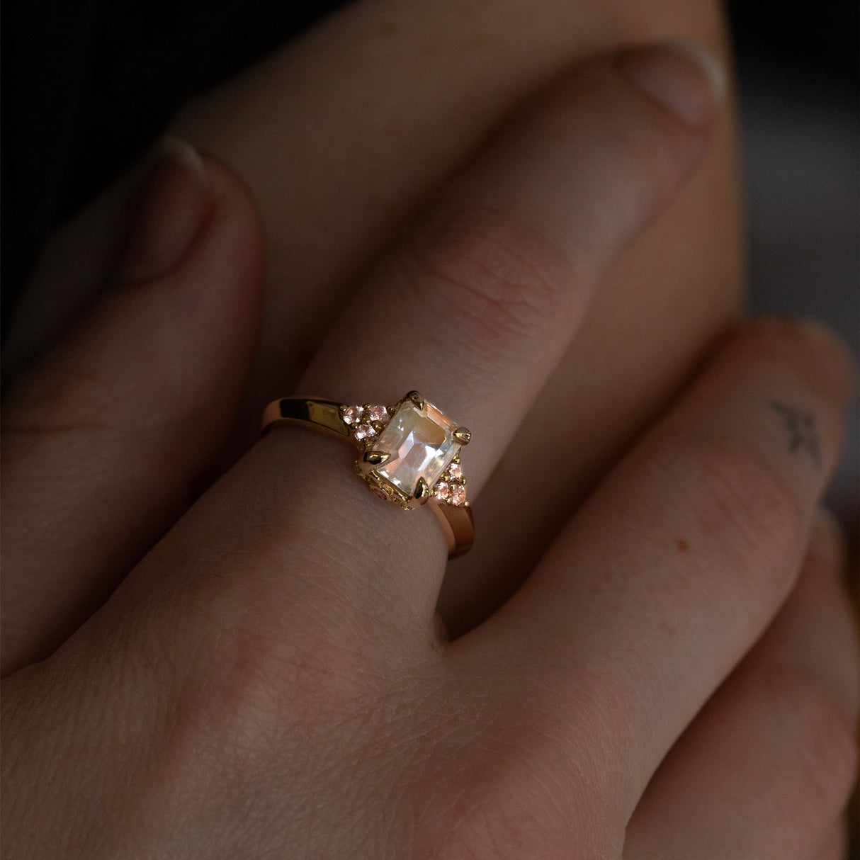 Peach Blossom Moonstone & Sapphire Ring