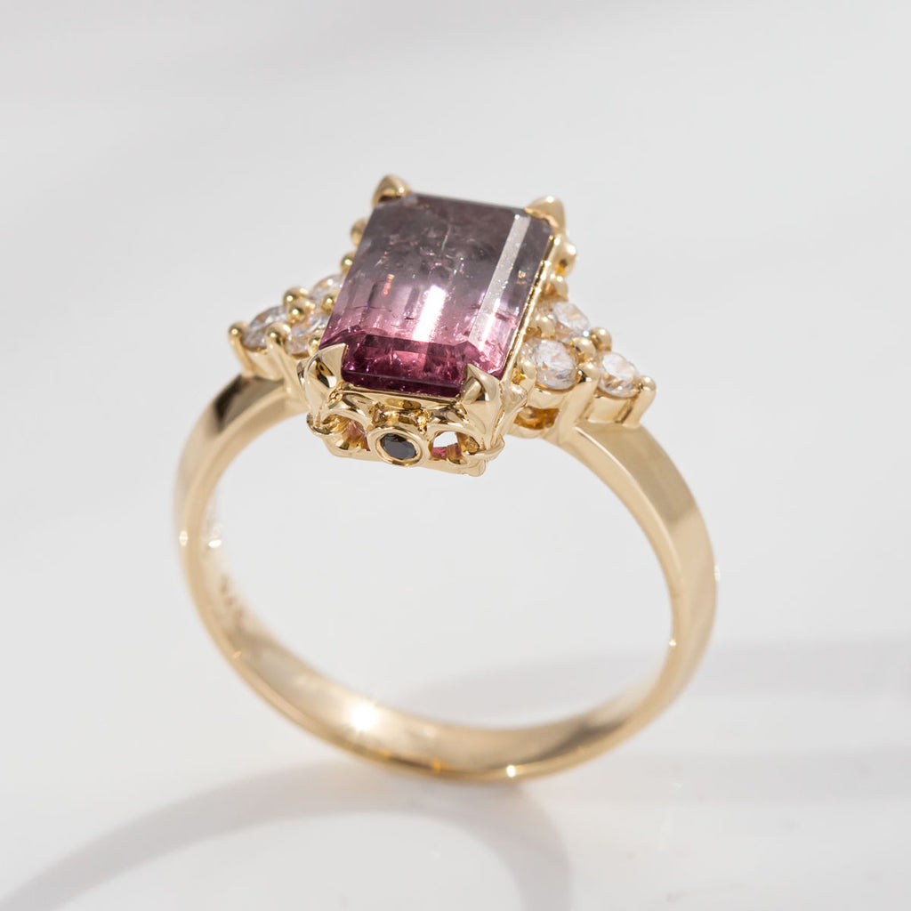2.97 carat Pink and Grey Ombre Tourmaline Lady of the Lake ring with Diamonds in 9 carat Gold
