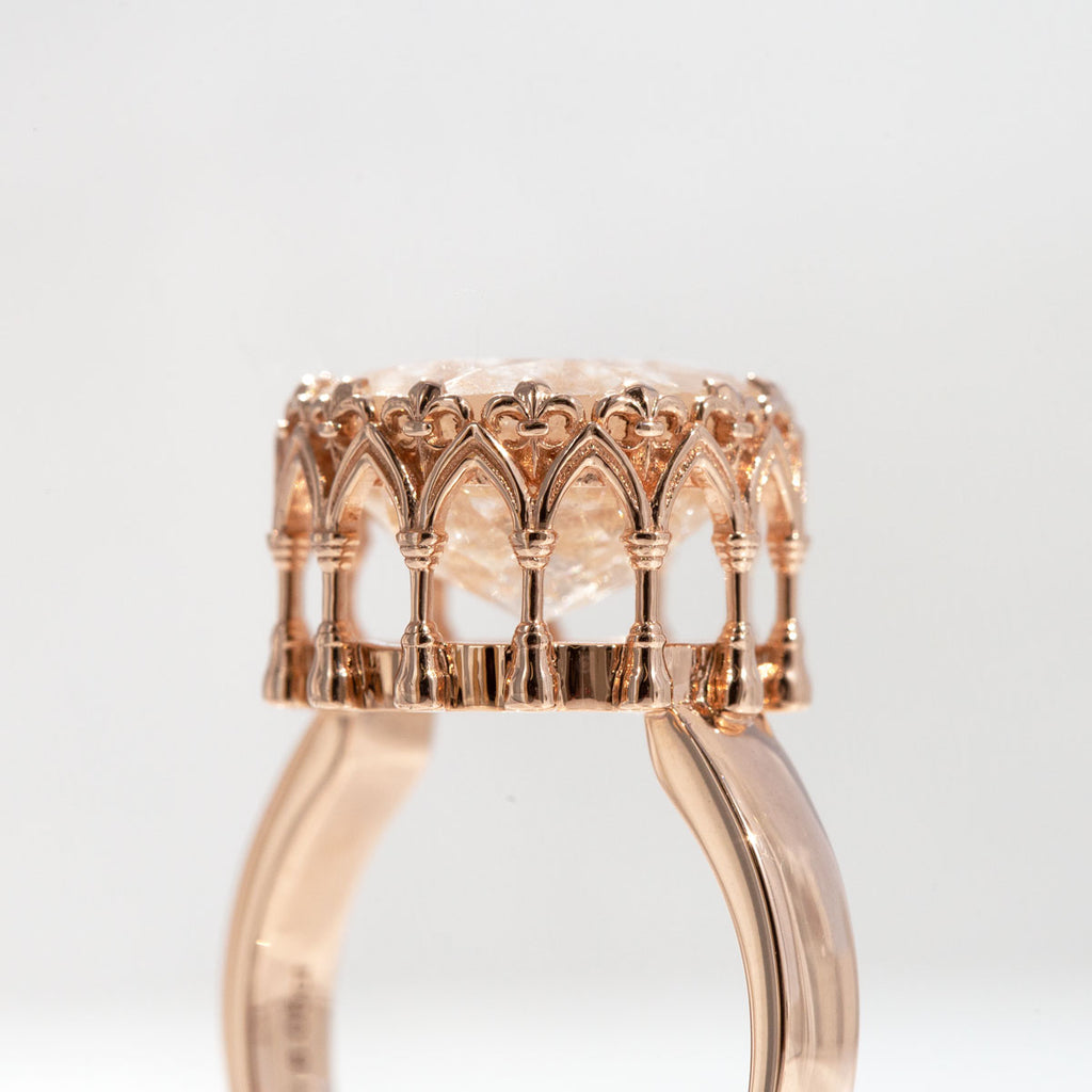 8.05 carat Golden Angel Hair Quartz Cathedral ring in 9 carat Pink Gold
