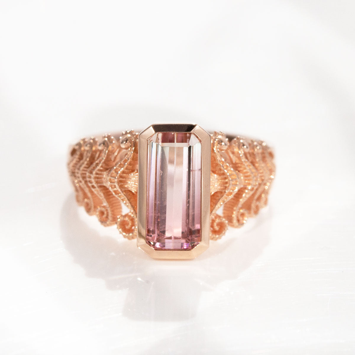 2.35 carat Seahorse Reflection ring in 9 carat Pink Gold