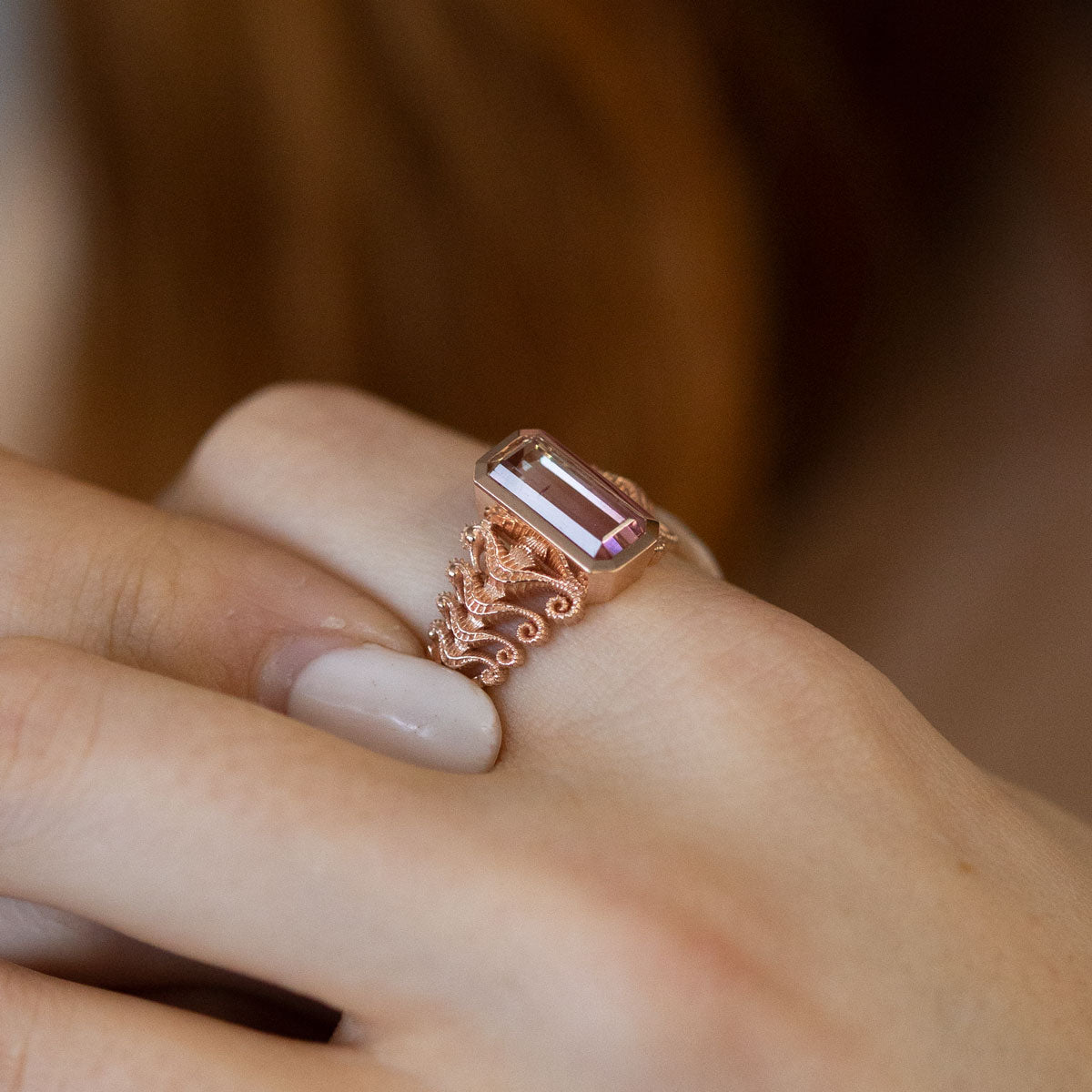 2.35 carat Seahorse Reflection ring in 9 carat Pink Gold