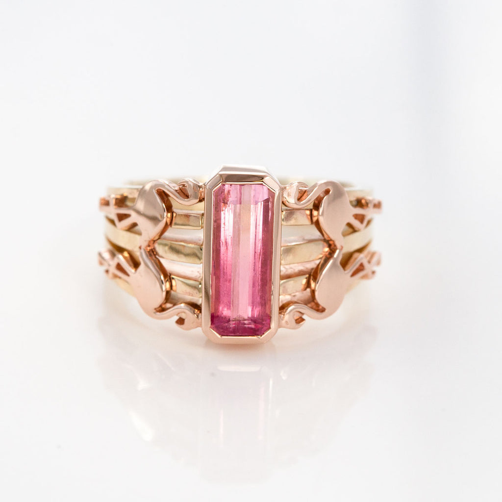 1.8 carat Pink Tourmaline Malibu Sunset ring in 9 carat Pink and Yellow Gold