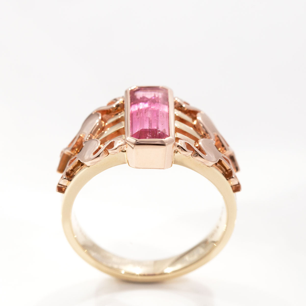 1.8 carat Pink Tourmaline Malibu Sunset ring in 9 carat Pink and Yellow Gold