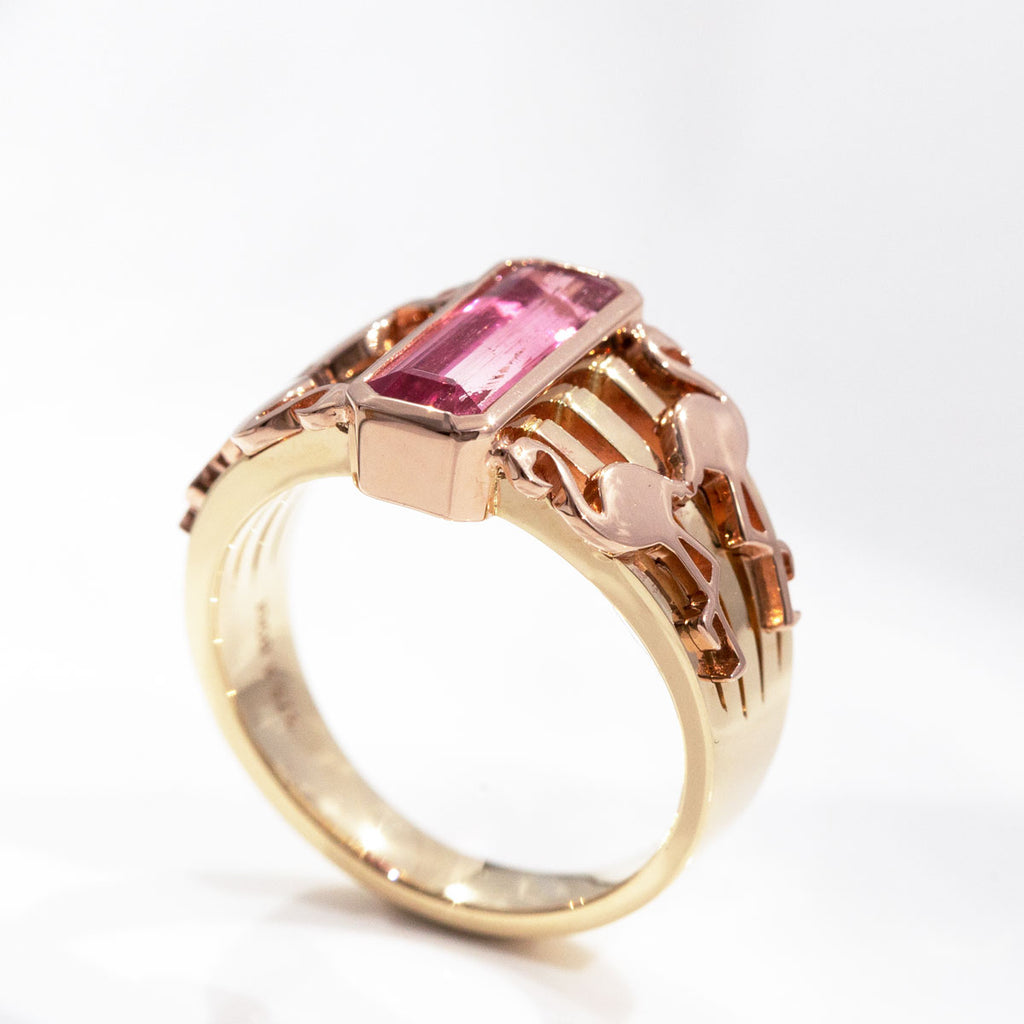 1.8 carat Pink Tourmaline Malibu Sunset ring in 9 carat Pink and Yellow Gold