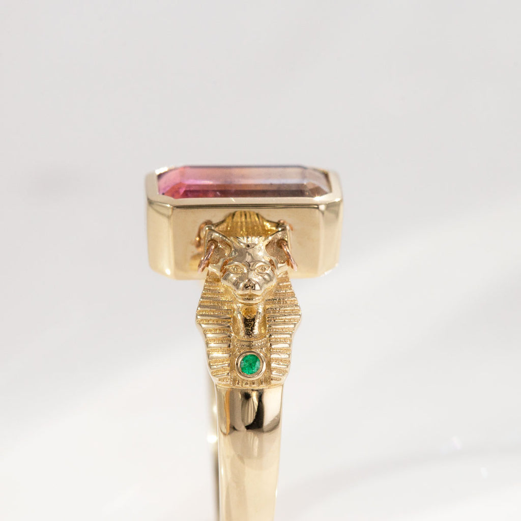 3.04 carat Pink to Grey Ombré Tourmaline Bastet ring in 9 carat Gold