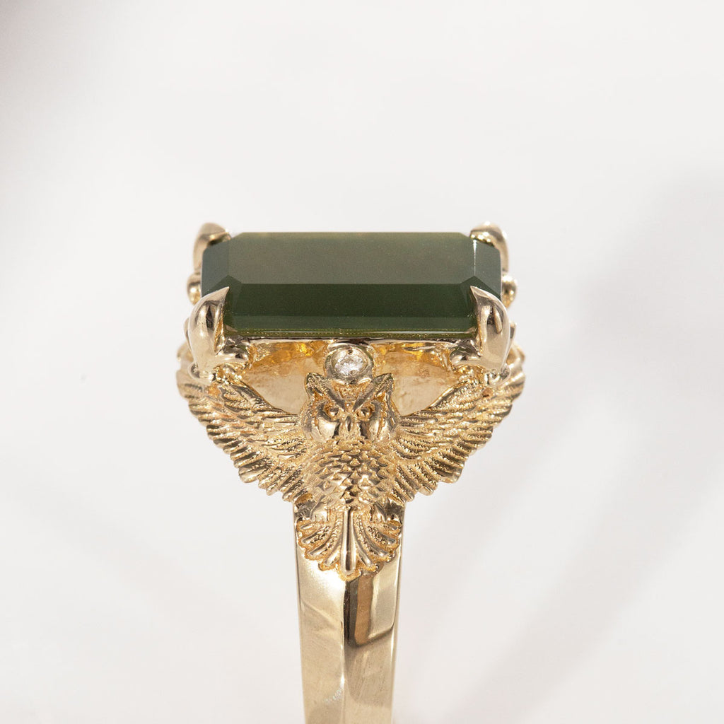 Pounamu Owl Guardian ring with Diamonds in 9 carat Gold