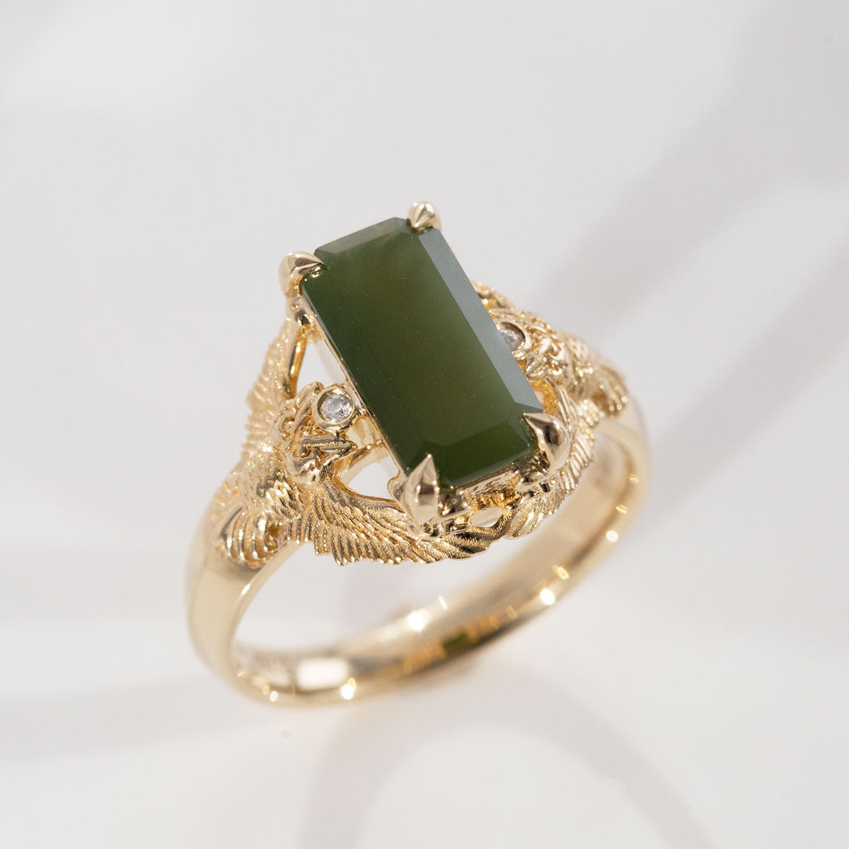 Pounamu Owl Guardian ring with Diamonds in 9 carat Gold