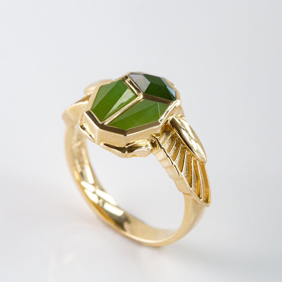 Pounamu Sacred Scarab ring in 9 carat Gold