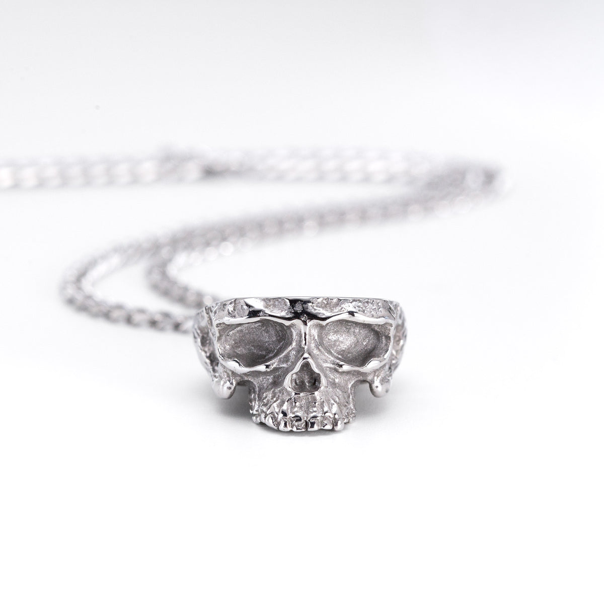 Front view of the Nick Von K Rebirth charm necklace with a sculpted skull pendant on a silver chain.